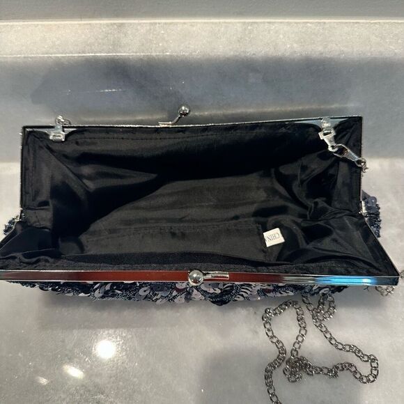 Vintage Filigree Beaded Sequined Chain Strap Evening Clutch Shoulder Bag Gray Sm - Picture 4 of 4